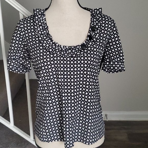 J. Crew Geometric Ruffle Trim Scoop Neck Blouse - Picture 2 of 7